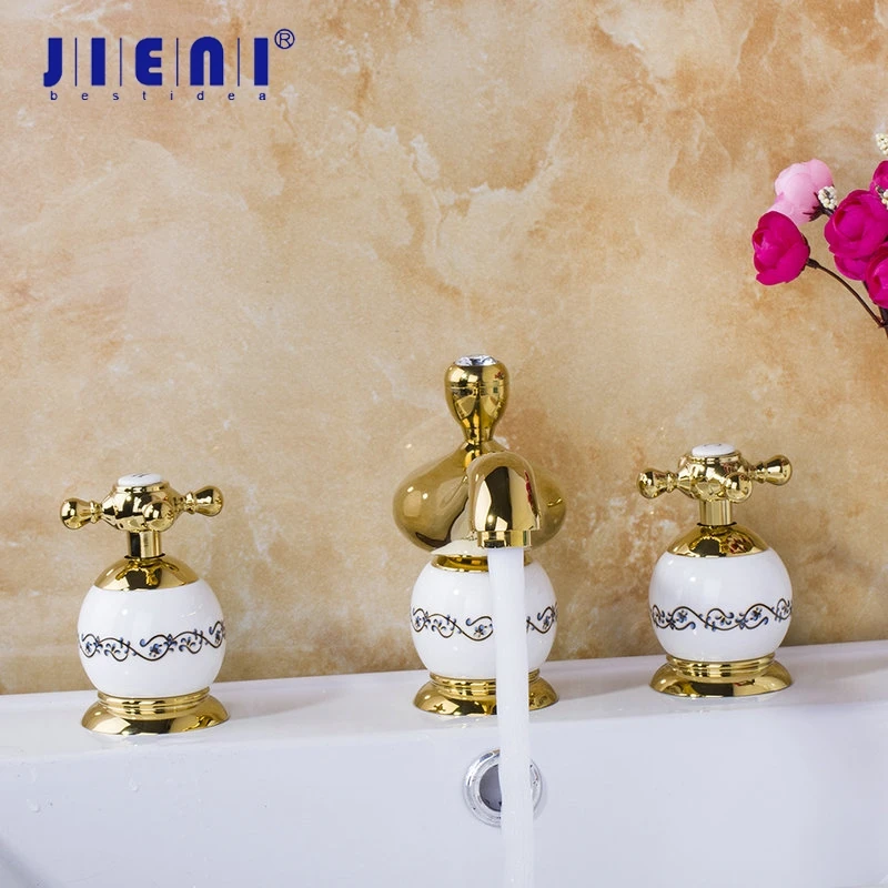 

JIENI Luxury Diamond Bathroom Faucet Polished Golden 3 Pcs Set Bathtub Faucet European Deck Mounted Shower Basin Mixer Tap