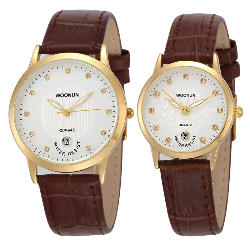 WOONUN Top Brand Luxury Pair Couple Watches For Lovers Leather Strap Quartz-watches Men Women Fashion Rhinestone Diamond Watch