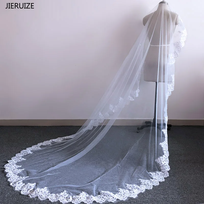 JIERUIZE 3 Meter White Ivory Cathedral Wedding Veils Long Bling Sequin Lace Edge Bridal Veil with Comb Wedding Accessories