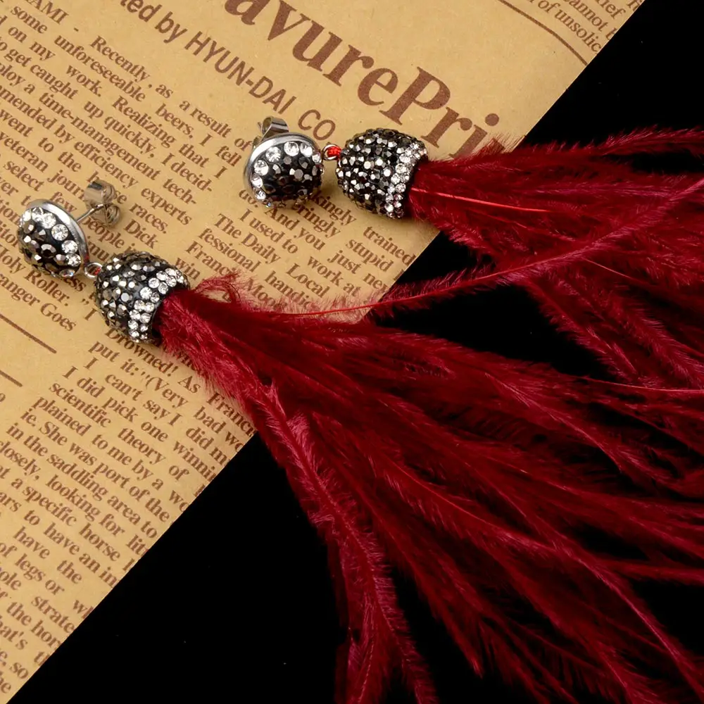 LFPU البوهيمي حقيقية النعامة ريشة أقراط طويلة كريستال الشرابة استرخى إسقاط أقراط مجوهرات للنساء مجوهرات الزفاف