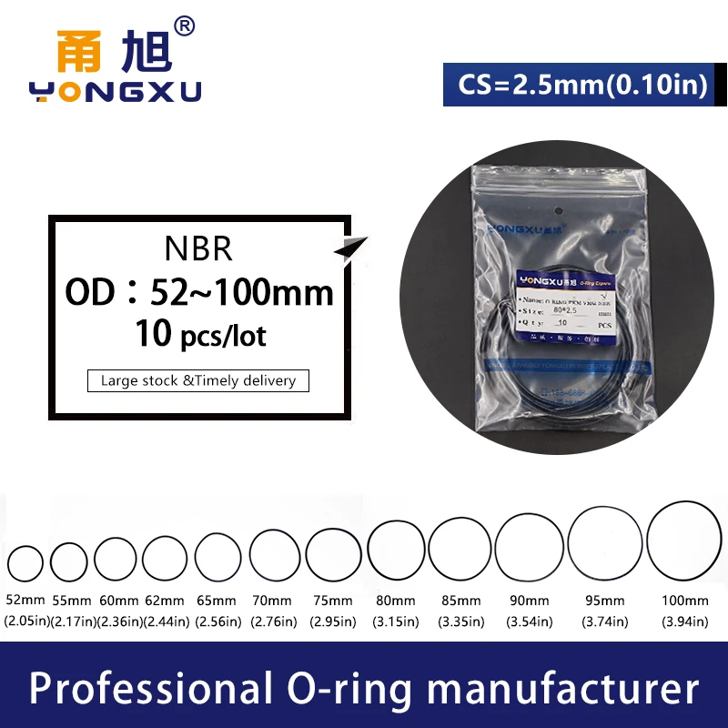 Anello di gomma 10 pz/lotto o-ring di tenuta NBR nero OD52/55/60/62/65/70/75/80/85/90/95/100*2.5mm anelli di gomma guarnizioni rondella