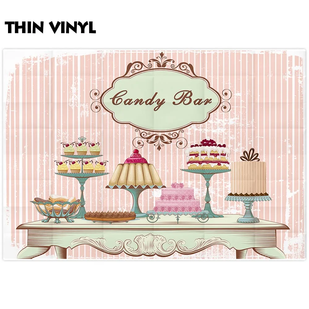 Allenjoy backdrop for photographic studio vintage fashion table different cakes Flesh pink stripe background candy bar photocall