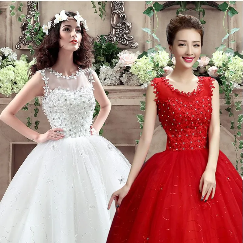 Ruthshen Beadingชุดบอลชุดแต่งงานVestido De Noiva Low Lace UpกลับAppliquesดอกไม้แขนกุดชุดเจ้าสาวเกาหลี