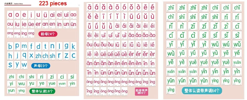 223 PCS Chinese PinYin And Tone Spell Practice Learning Cards Kids Festival Gift