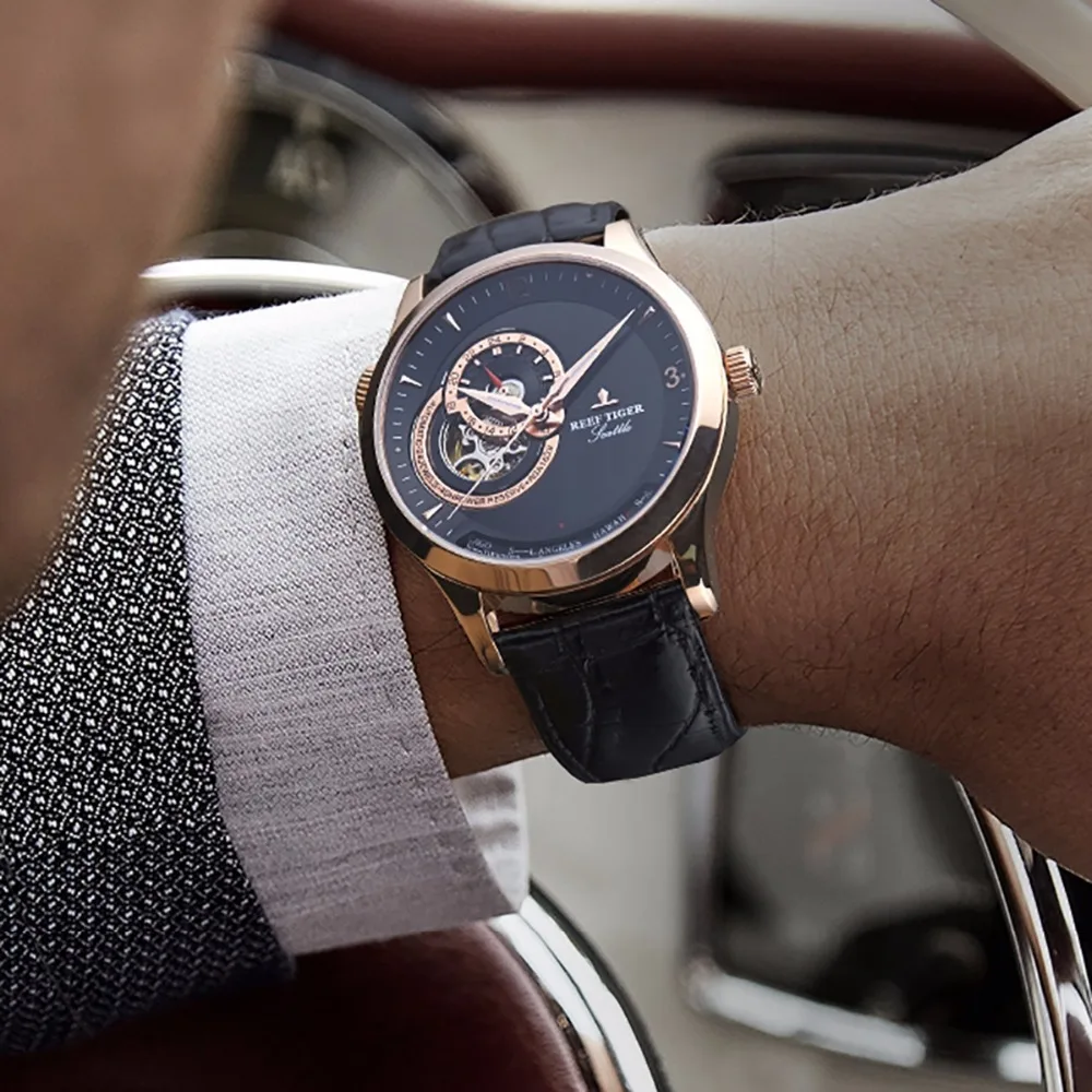 New Reef Tiger/RT Casual Automatic Watches for Men Rose Gold Blue Dial Watch Leather Strap RGA1693