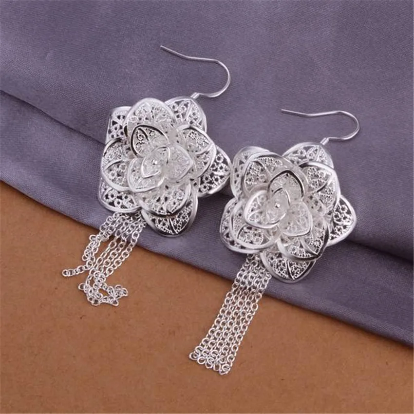 Korean explosion models silver color jewelry Women lady weding party elegant woman big flower earrings E275