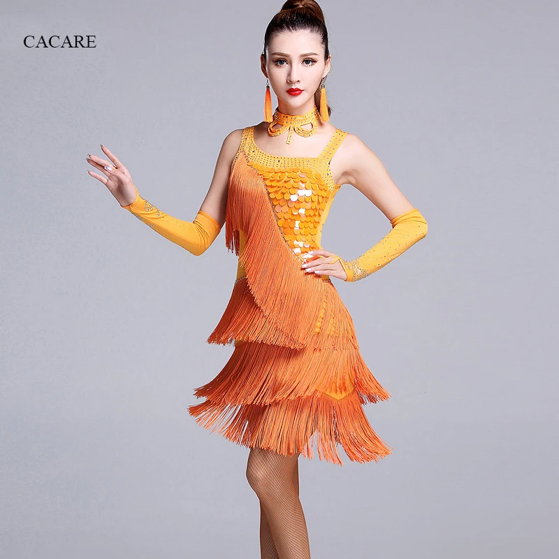 

CACARE Latin Dance Dress for Women Latin Dress Fringe Salsa Latin Dance Competition Dresses 4 Choices D0403 Tassels Sequins