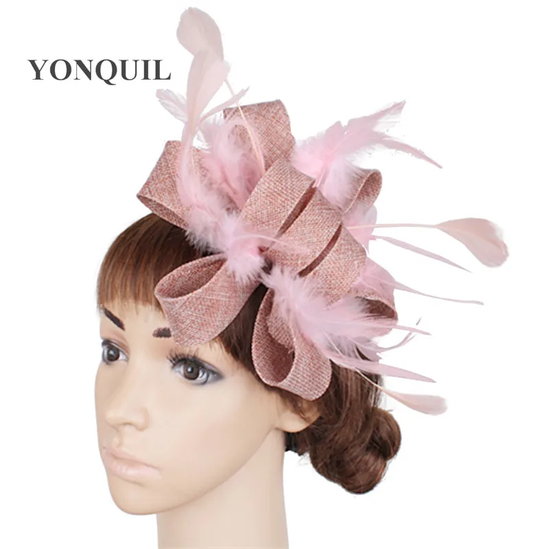 Pêssego casamento feminino headwear elegante senhoras fascinator chapéu fantasia pena decoração acessórios para o cabelo nupcial mariage festa headdress