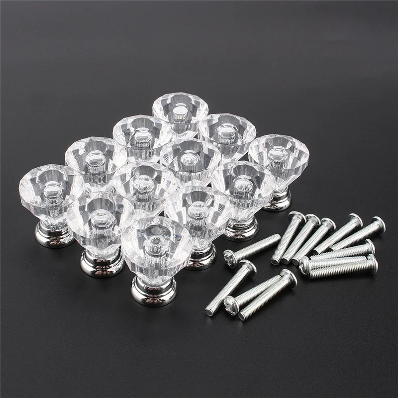 1pack/ 10Pcs 30mm Diamond Shape Crystal Glass Knob Cupboard Drawer Pull Handle New