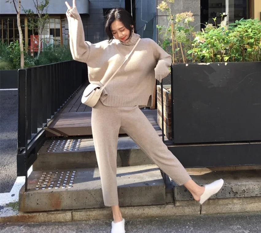 JSXDHK Women Turtleneck Warm Knit Tracksuit Fashion Split Knitted Loose Sweater 2 Piece Pant Set + Elastic Waist Pants Suits