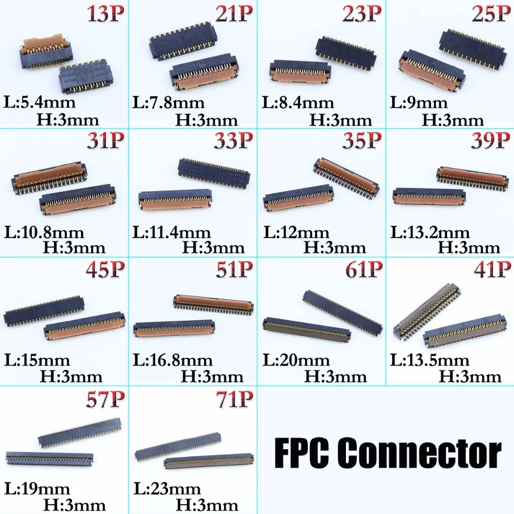 YuXi 2pcs/lot LCD Display Screen FPC Connector 13/21/23/25/31/33/35/39/45/51/61/41/57/71 pin Logic on motherboard mainboard