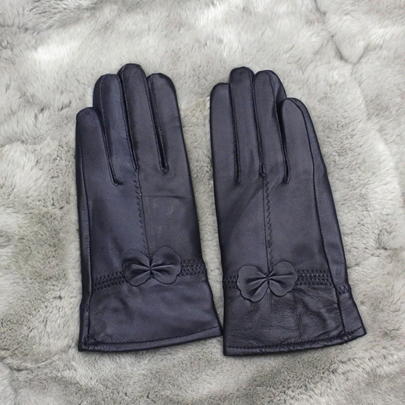 Real Genuine Leather Gloves Women Luxury Warm Sheep Skin Winter Girls Real Leather Yellow Glove Driving  Warm Ladies Glove