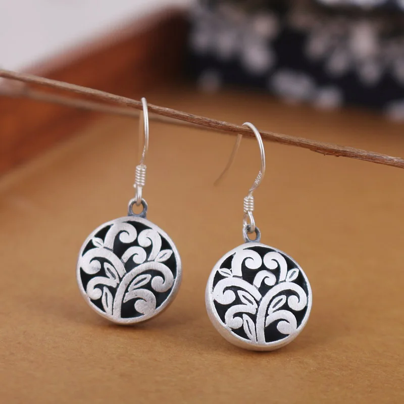 BOCAI New S925 Sterling Silver Jewelry Frosted Matte Silver Circular Pattern  Earrings Selected Gifts for Women