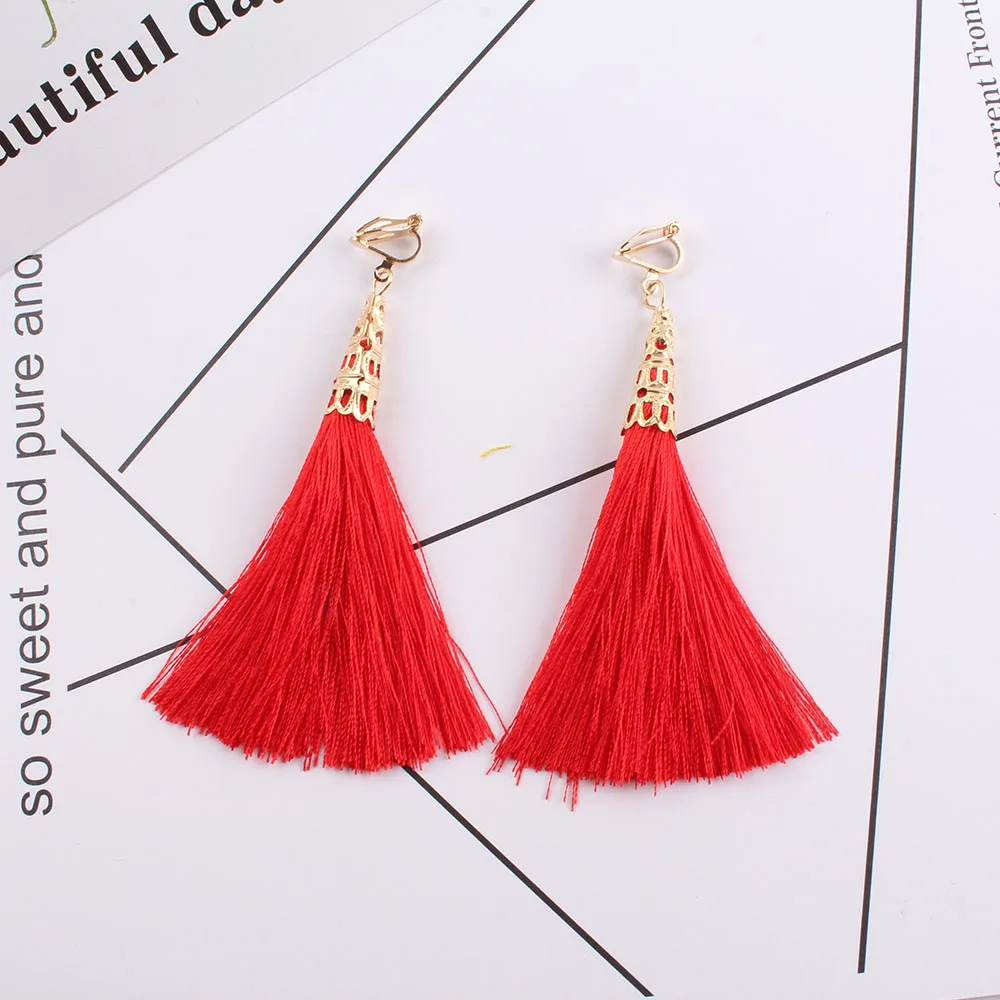 Bohemia Ethnic Long Tassel clip on earrings Women Brand Jewelry Geometric Alloy Plating Simple Dangle Without Pierced Ear Clip