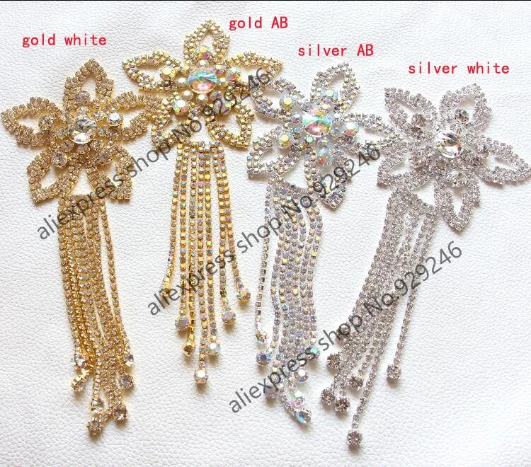 2pcs/lot Sewing On star crystal Rhinestone Applique with tassel fringe Silver gold ab Crystal Color DIY Wedding Evening Dress