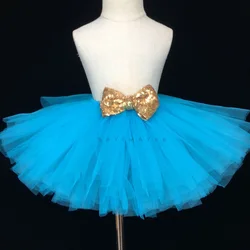 Girls Turquoise Blue Tutu Skirt Girls Tulle Glitter Pettiskirts Ballet Dance Tutus with Gold Sequin Bow Kids Party Costume Skirt