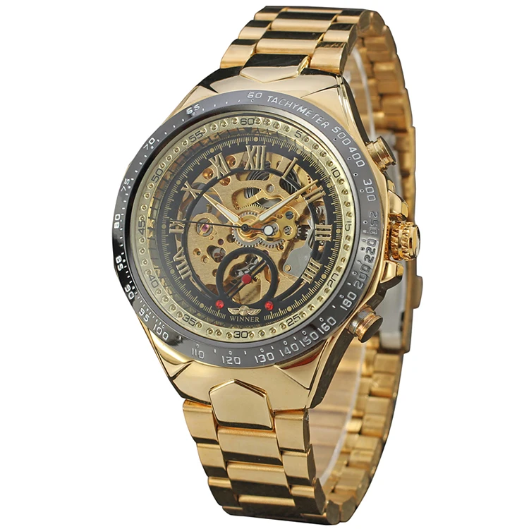 T-WINNER Hot Sell Business  Metal Dress Black Bezel Hollow Rome Dial Mechanical Watch Full Steel Band Auto Self Wind