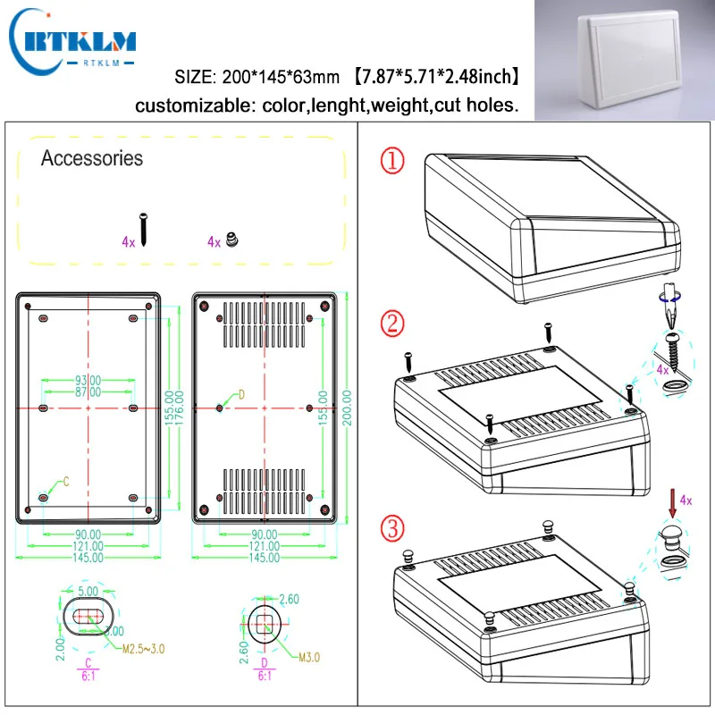 Plastic electric box diy instrument case ABS junction box plastic box for electronic project custom desktop box 200*145*63mm