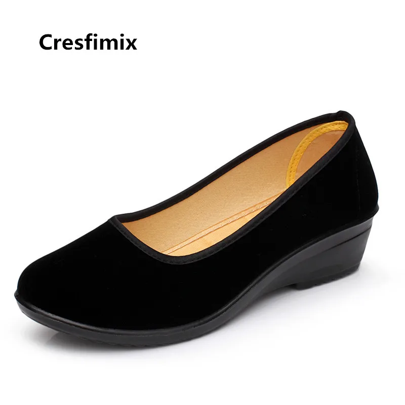 Cresfimix women fashion sweet wedge heel black slip on cloth shoes lady retro casual comfortable shoes zapatos de mujer a3197