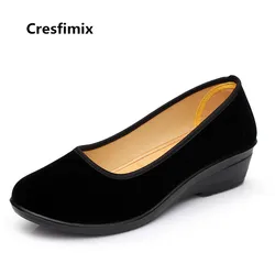 Cresfimix女性ファッション甘いウェッジヒール黒スリップ布靴女性レトロカジュアル快適な靴zapatosデmujer a3197