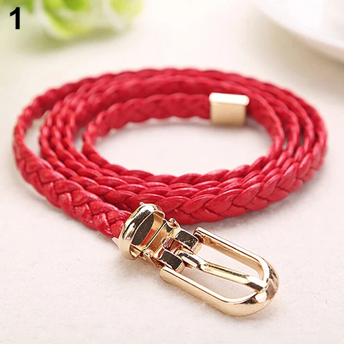 Hot Women Braided PU Leather Narrow Thin Buckle Strap Waist Belt All-Match Waistband 9TC4