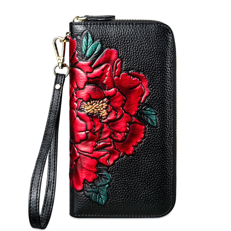 Billeteras con estampado de animales y flores para mujer, bolso de mano de cuero genuino, largo, monedero para teléfono