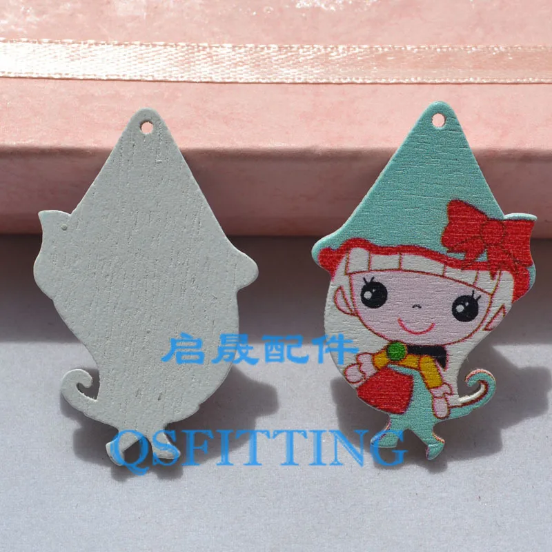 10 Pcs Sieraden Accessoire Voor Meisjes Hanger En Ketting Blauwe Kleur Geschilderd Houten Decoratie Cartoon Kleine Heks Houten Charms