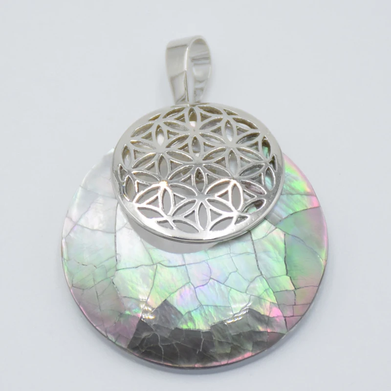 Natural Abalone Shell Flower of Life Necklace Pendant Reiki Amulets Round Hollow Out Circle Pendants for Women Men Charm Jewelry