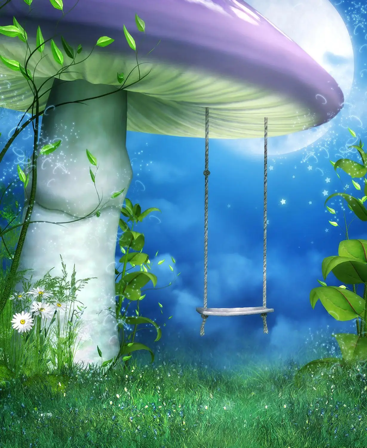 Capisco Dreamy Mushroom Photography Backdrop Fairy Tale Forest Swing Moon Night Florets Meadow Background Photo Studio Props