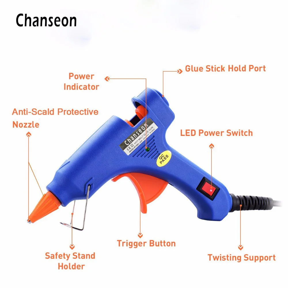 Chanseon 20W EU/US Hot Melt Glue Gun  with 20pcs 7mm Glue Sticks Industrial Mini Guns Thermo Electric Heat Temperature Tool