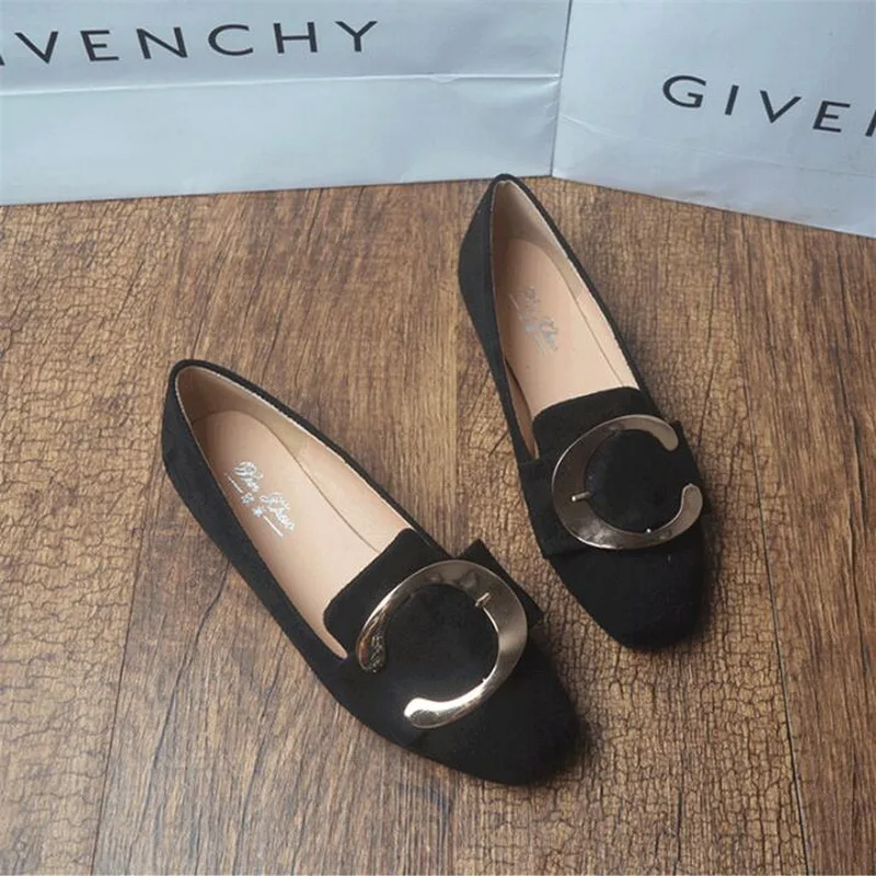 Women Loafers Flats Slip On High Quality Flock Shoes flat metal buckle square head large size British wind Casual Shoes Flat