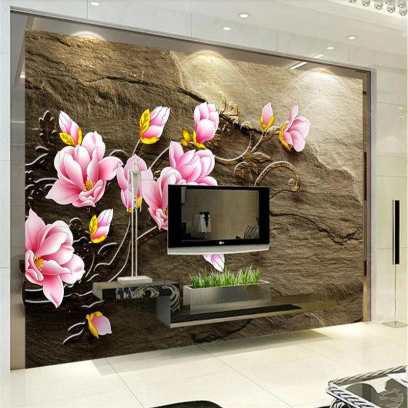 wellyu Relief Magnolia flower vine sandstone TV background wall custom large mural home decor wallpaper papel de parede