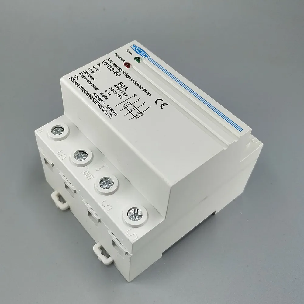 60A 380V~ Three Phase four wire Din rail automatic recovery reconnect over voltage and under voltage protective protection relay