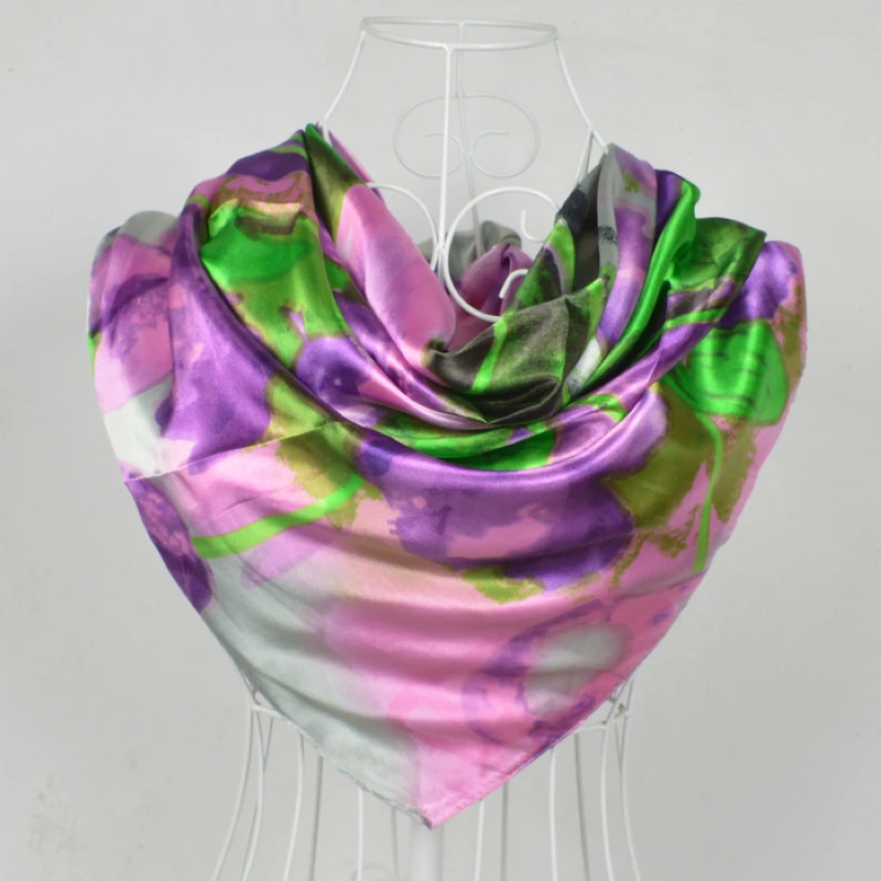 BYSIFA-Lenço de seda de poliéster feminino, xale quadrado grande, hijab estampado, roxo e cinza, moda, novo estilo, 90x90cm