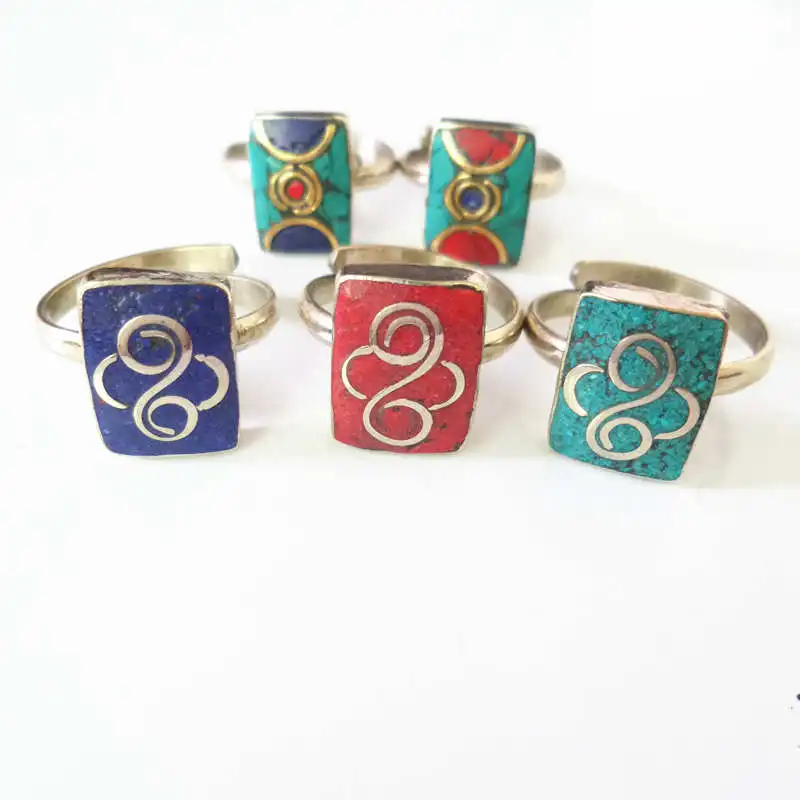 Mix 5PCS Nepal Vintage Lovely Square Stamp Rings Adjustable Ring for Lady R251