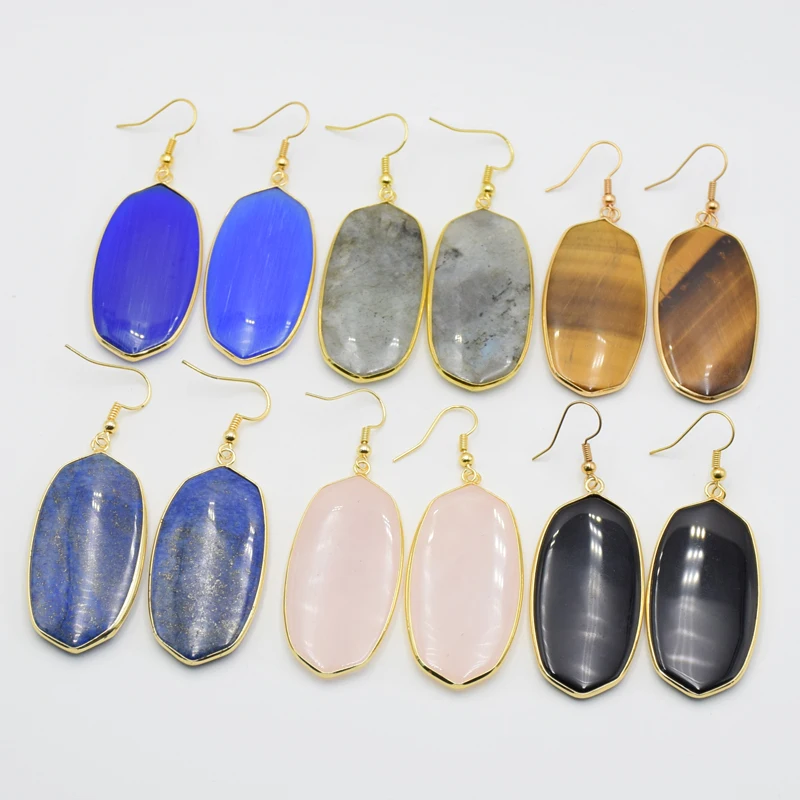 Oval Natural Stone Dangle Earrings Yellow Gold Color Hook Crystal Tiger Eye Black Onyx Lapis Women Female Eardrop Luxury Jewelry