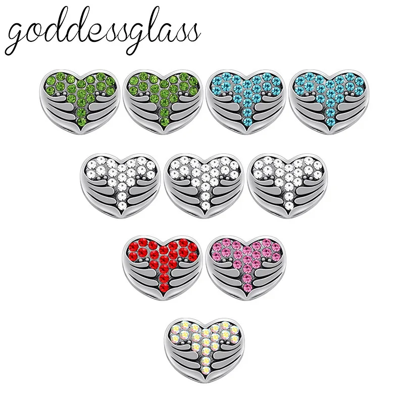 New Beauty 10pcs mixed Rhinestones heart wings 12mm snap buttons fit 12mm snap bracelet jewelry wholesale KZ9104