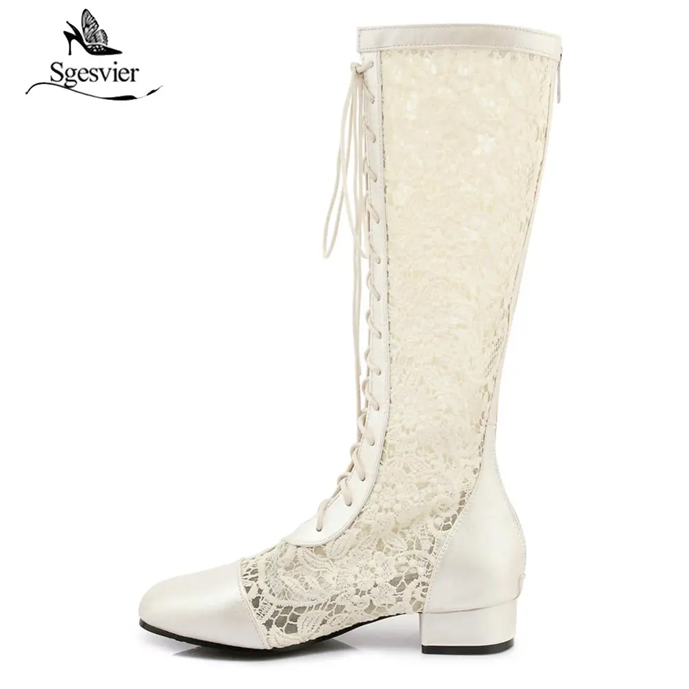 Sgesiver Fashion Lace Flower Women Sandals Thick Heel Square Toe Mid-calf Boots Female Footwear 2018 Summer Big Size 33-46 B529