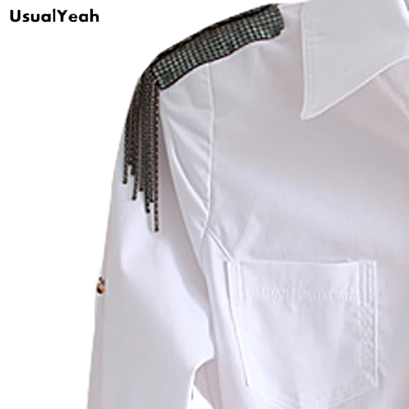 Neue Frauen Langarm Körper Hemd Slim Fit drehen-unten Kragen Formale Quaste epaulette Bluse Für Arbeit Tragen Weiß SY0279 S-XL