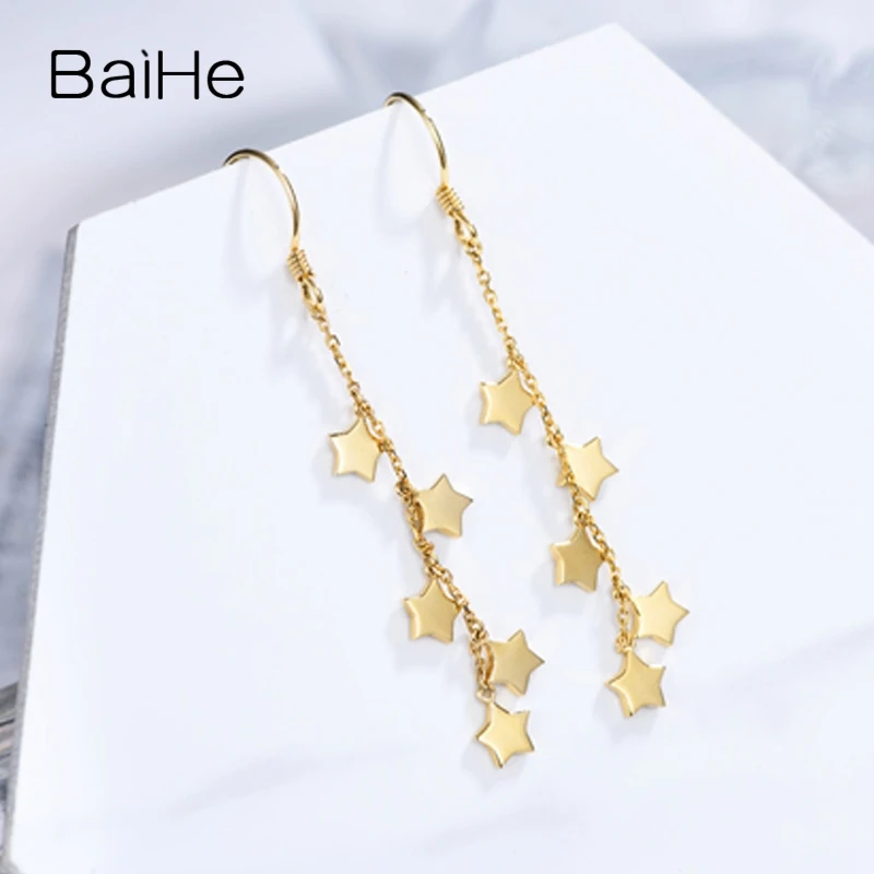 BAIHE Real Solid 18K Yellow Gold Wedding Engagement Star earrings for women Ear Hook Trendy Party Fine Jewelry серьги aretes