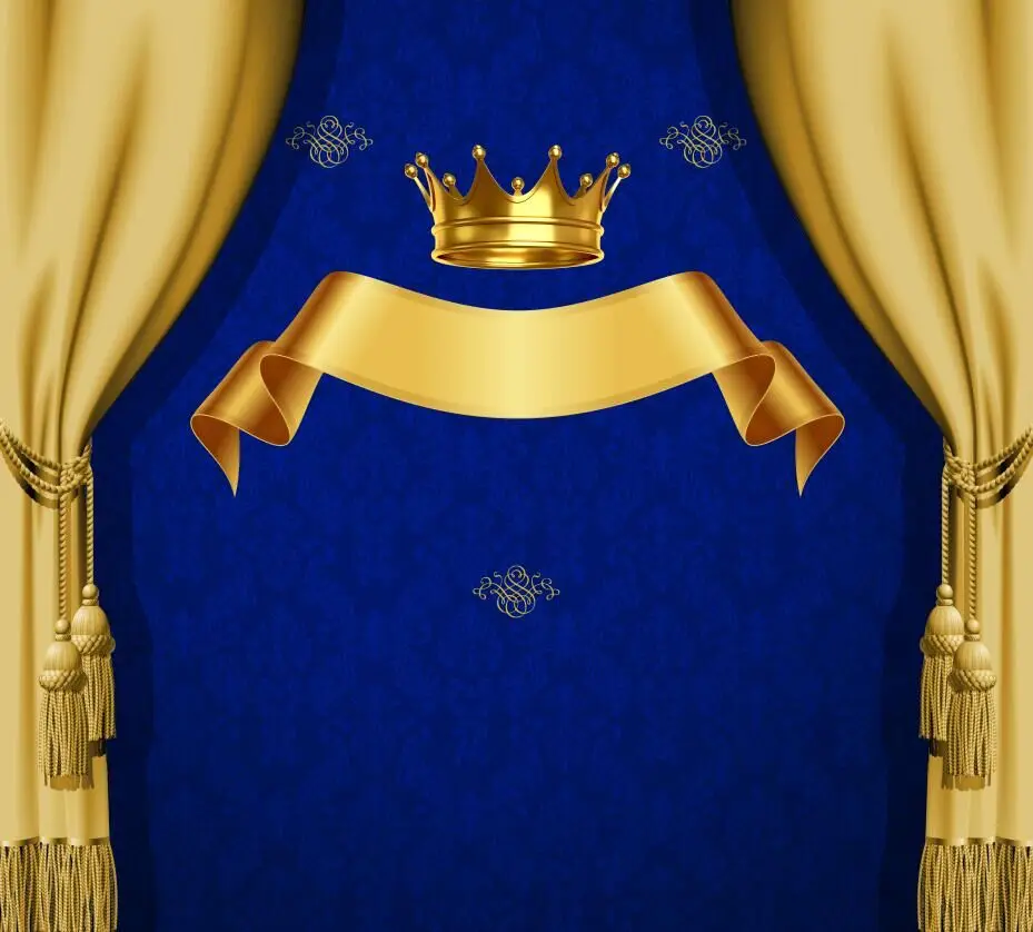 8x8FT Royal Blue Damask Pattern Gold Crown Ribbon Drape Baby Shower Custom Photo Background Studio Backdrops Vinyl 240cm x 240cm