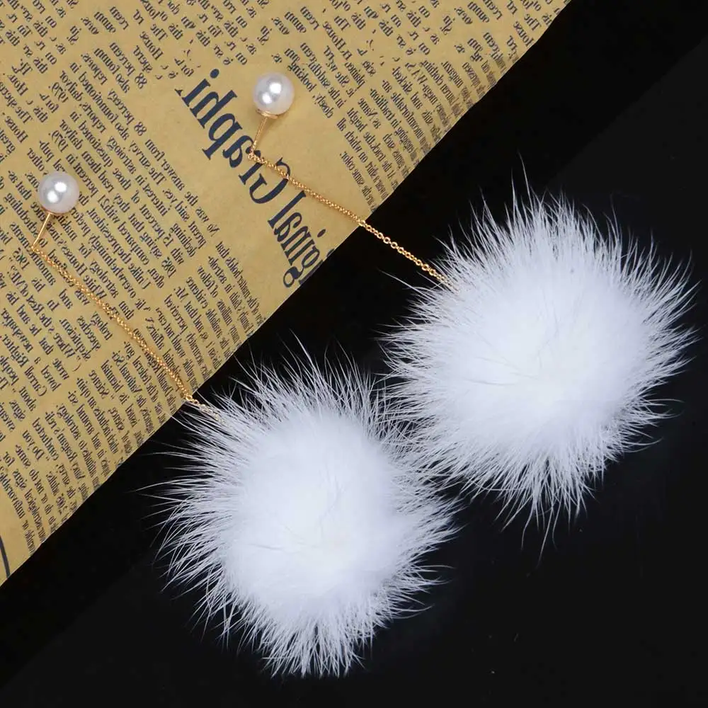 LFPU Fashion Crystal Zinc Alloy Mink Ball Charm Earring Imitation Pearl Stud Real Marten Feather Earrings Women Party Jewelry