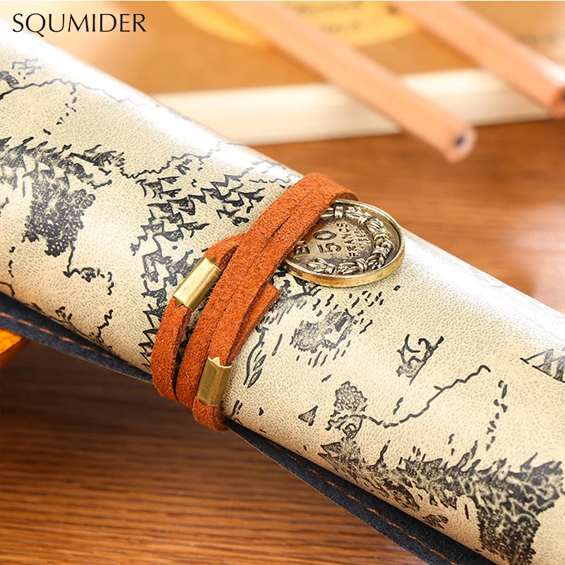 Vintage Roll Leather Pencil Case Bag Treasure Map Large Pencil Cases Student Pen Storage Bag School sketch Colored Pencil Volume