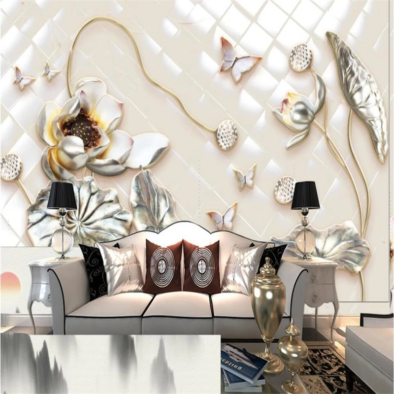 

wellyu New Chinese Golden Embossed Lotus Butterfly TV Backdrop Customized Large Wallpaper Eco Silk Wallpaper papel de parede