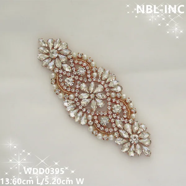 

(30pcs) Wholesale handmade rose gold iron on bridal beaded rhinestone crystal applique for wedding dresses sash belt WDD0395