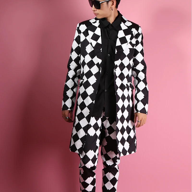 New Large Diamond-shaped Visual Long Suit Tide Male Korean Of Slim Wedding Suits Men Personality Fashion Jacket Plus Size Coat