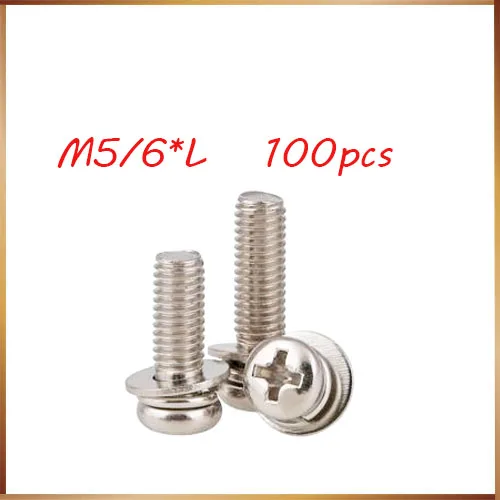 

100pcs M5 M6 steel with nickel three parts Pan Head Combination screw