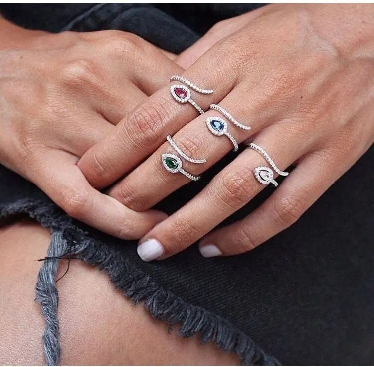 2022 open adjust women rings various color birthstone tear drop wedding enegagement fashion silver color classic cz ring