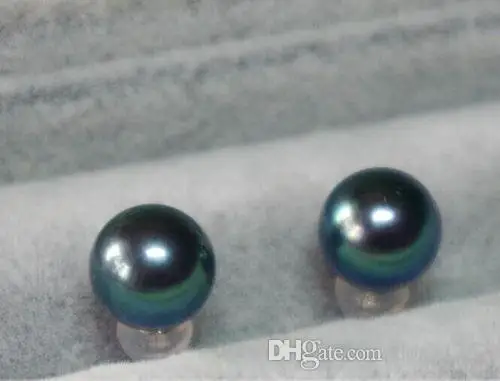 

a pair of 9-10mm round tahitian peacock black green pearl earring gold free ship>>>silver earrings for women Free shipping