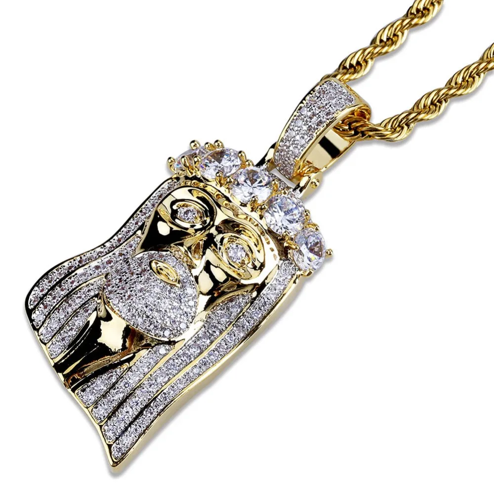 TOPGRILLZ Hip Hop New Fashion Gold Color Plated Iced Out Big CZ Stone Masked Jesus Face Pendant Necklace Crystal With Three Type
